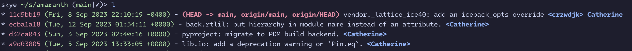  A console where “l” been entered; there’s a commit per line, but the first one ends in a name in angle brackets, followed by a different name. The following commits only have one name. 